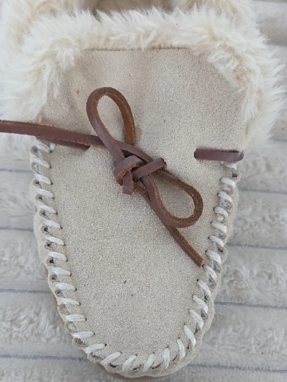 J. Crew Cream Faux-Fur Lined Kids Moccasins with Brown Lace Bows